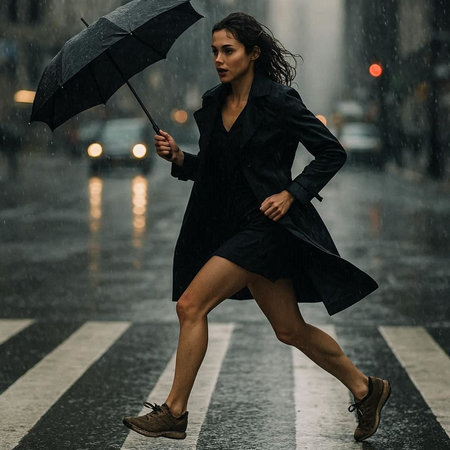 Young beautiful woman with umbrella walking on the street in rainy day.の写真素材