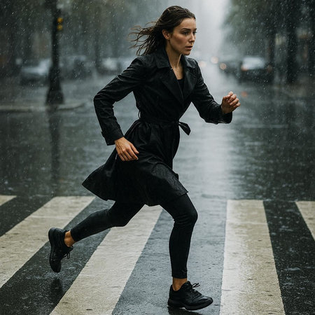 beautiful young woman running in the rain on a rainy day, lifestyle people concept