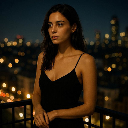 Portrait of a beautiful young woman in a black dress on a balcony at night