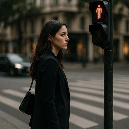 Portrait of a beautiful business woman in a black suit walking in the city.の写真素材