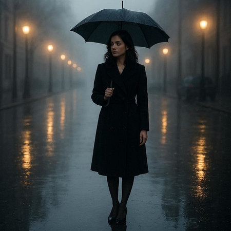 Beautiful young woman in a raincoat with an umbrella on a rainy dayの写真素材
