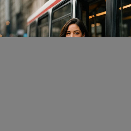 beautiful young brunette woman in a red trolleybus in the city