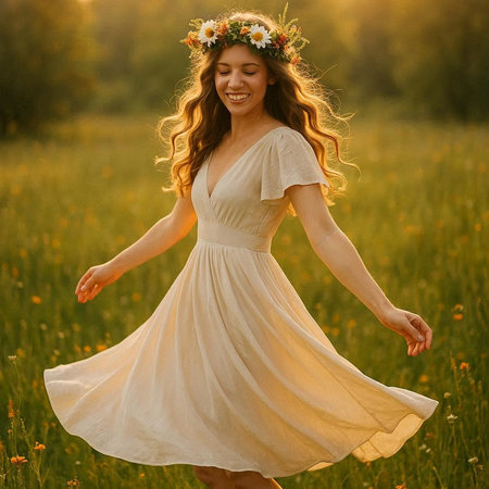 Beautiful young woman in a wreath of wildflowers on the field at sunsetの写真素材