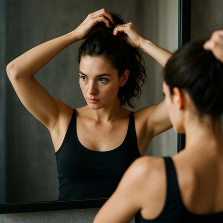 Beautiful girl in black sportswear looking in the mirror.の写真素材
