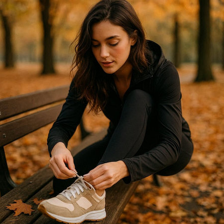 Young woman tying shoelaces on her sneakers in autumn park.