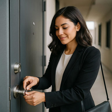 Smiling businesswoman opening the door of an office building. Business concept