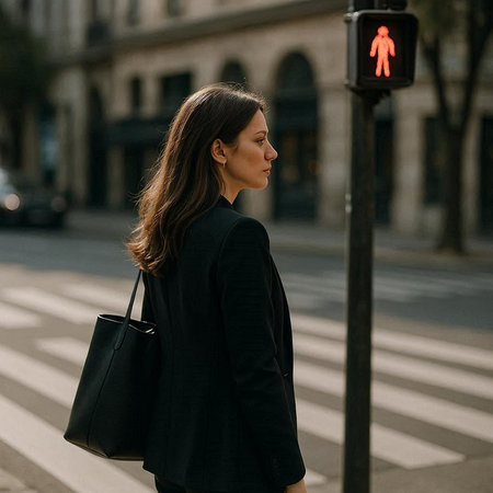 beautiful young woman with a black handbag walking down the streetの写真素材