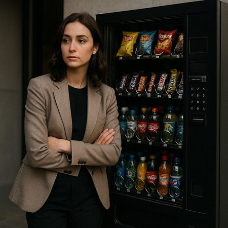 Portrait of young businesswoman standing in front of vending machine with soft drinks