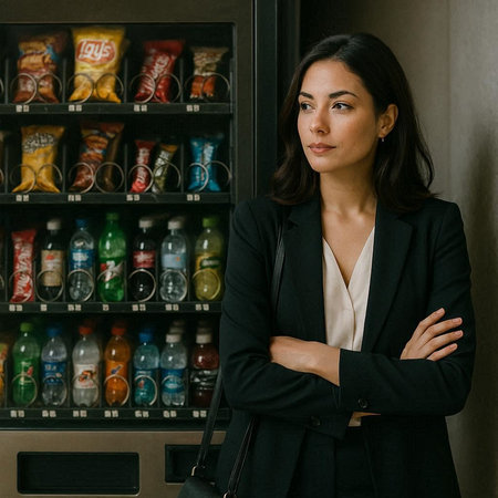 Portrait of a beautiful young woman in a business suit standing near the vending machine.