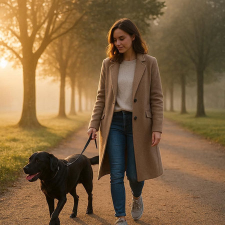 Beautiful young woman walking with her dog in the park at sunsetの写真素材