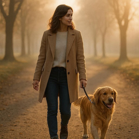 Beautiful young woman walking with her golden retriever dog in autumn park.の写真素材