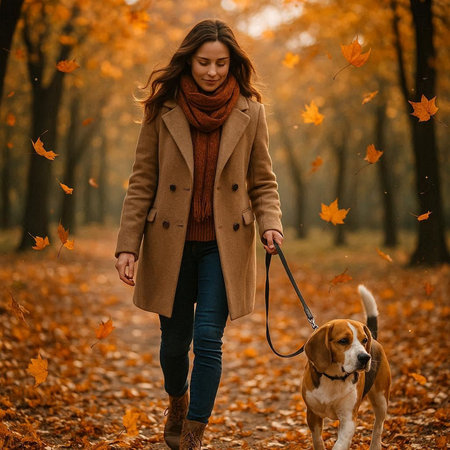 Young woman walking with beagle dog in the autumn park. Outdoor lifestyle portrait.