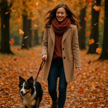 Happy young woman walking with her border collie dog in autumn park.の写真素材