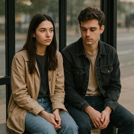 beautiful young couple sitting on the street and looking at the camera