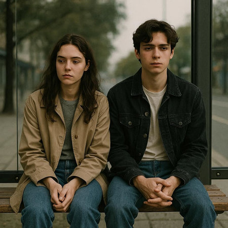 portrait of a sad couple sitting on a bench in the city