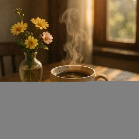 Cup of coffee with steam and flowers in vase on wooden table