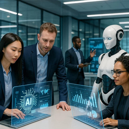 Group of business people working in modern office. AI and robotics concept.の写真素材