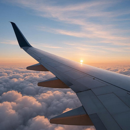 Wing of an airplane flying above the clouds at sunset. View from the window.