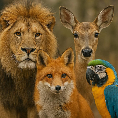 Portrait of a male lion, a parrot and a parrot