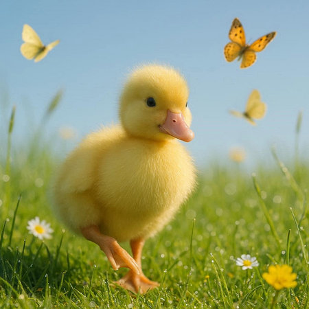 Little yellow duckling on green grass with butterflies in the background.の写真素材