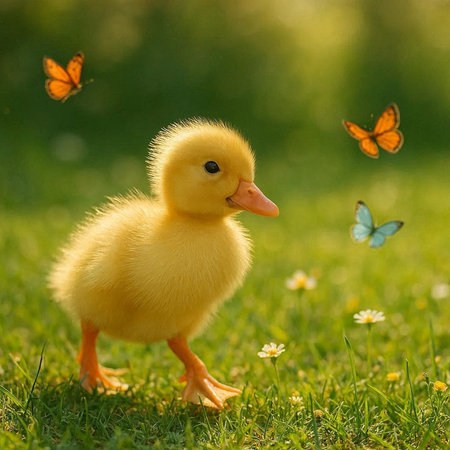 Cute yellow duckling on green grass with butterflies in the backgroundの写真素材