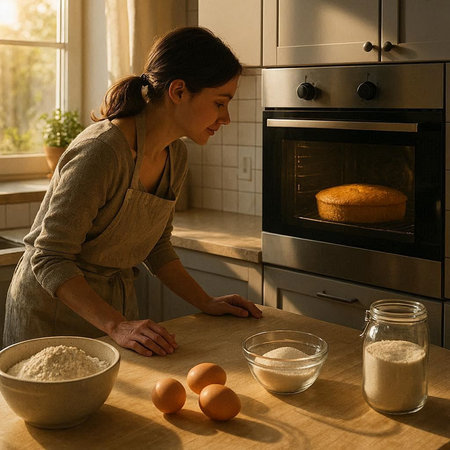 Young woman in apron kneading dough for pie in the kitchen at home
