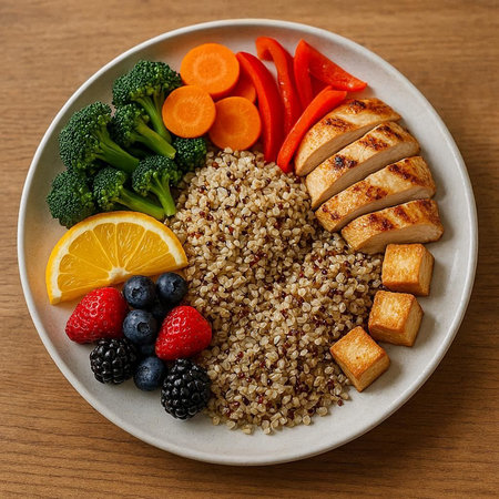 Bowl of quinoa with chicken and vegetables on wooden table, top viewの写真素材