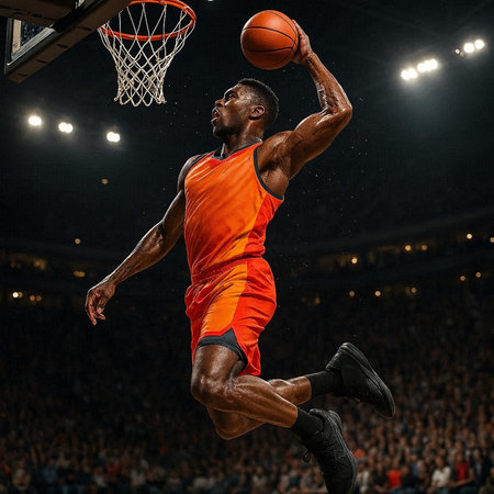 Side view of a professional basketball player jumping with ball in action on a basketball court.