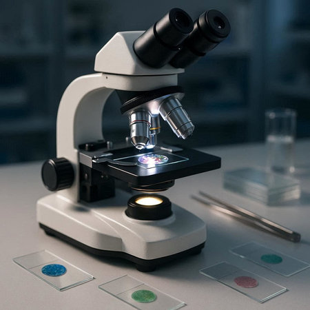 Microscope on table in laboratory. Scientific research and development concept.