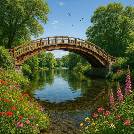 Beautiful summer landscape with a bridge over the river and blooming flowersの写真素材