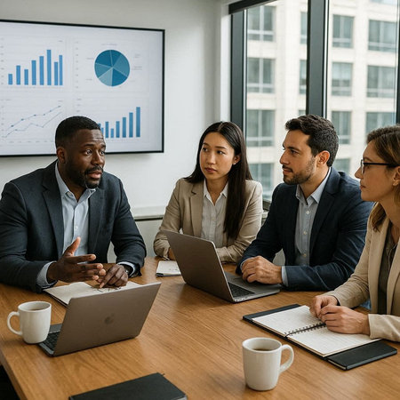 Diverse business people working together on a project in a modern office