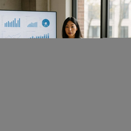 young businesswoman looking at camera while standing near flipchart with graphs