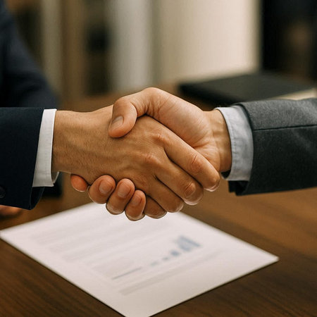 Close up of business people shaking hands in office. Handshake concept.