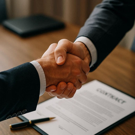 Partnership. Businessmen handshaking after signing a contractの写真素材