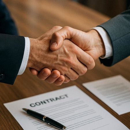 cropped shot of businessman shaking hands with client at table in officeの写真素材