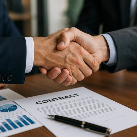 cropped view of businessmen shaking hands with contract on table in officeの写真素材