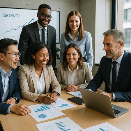 Group of business people working together in office. Multiethnic group of diverse colleagues looking...