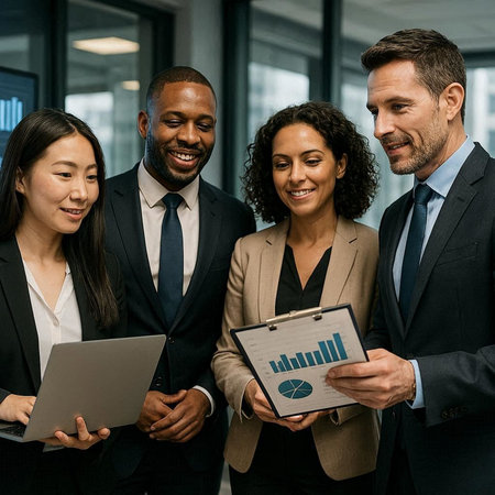 Portrait of diverse businesspeople looking at digital tablet and smiling while standing in office