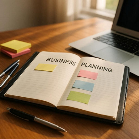 Business Planner Notebook and Laptop on Wooden Table in Office