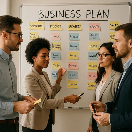 Group of business people working together in office. Business plan concept.