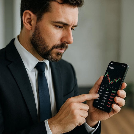 Handsome businessman using mobile phone with stock chart on screen.