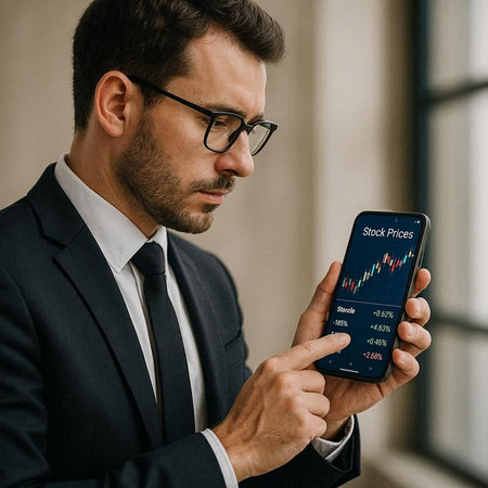handsome businessman in eyeglasses using smartphone with stock market data on screen