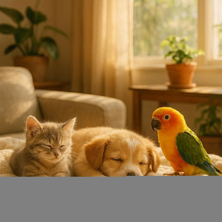 Cat, dog and parrot sitting together on the sofa at homeの写真素材