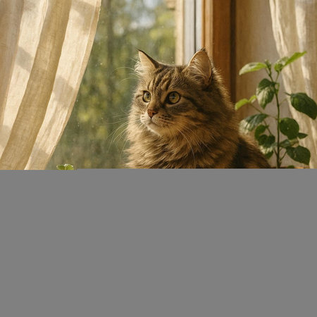 Cute tabby cat sitting on the window sill and looking out the window