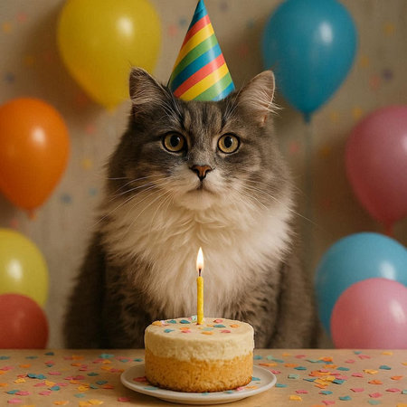 Cute cat with birthday cake and balloons on the background. Selective focus.の写真素材