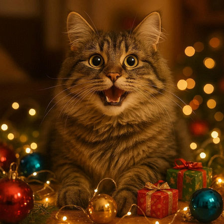 Cute tabby cat with christmas decoration on the background.