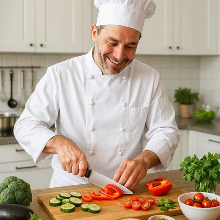 Chef Cutting Vegetables On Chopping Board In Kitchen. Portrait Of Smiling Male Chef Cooking...