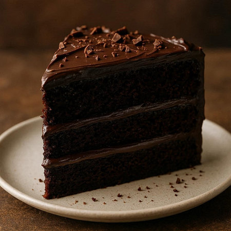 Chocolate cake on a plate on a brown background, close-up