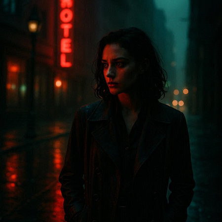 Portrait of a beautiful brunette woman in a raincoat at night.