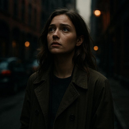 Portrait of a young woman in a coat on the street at night